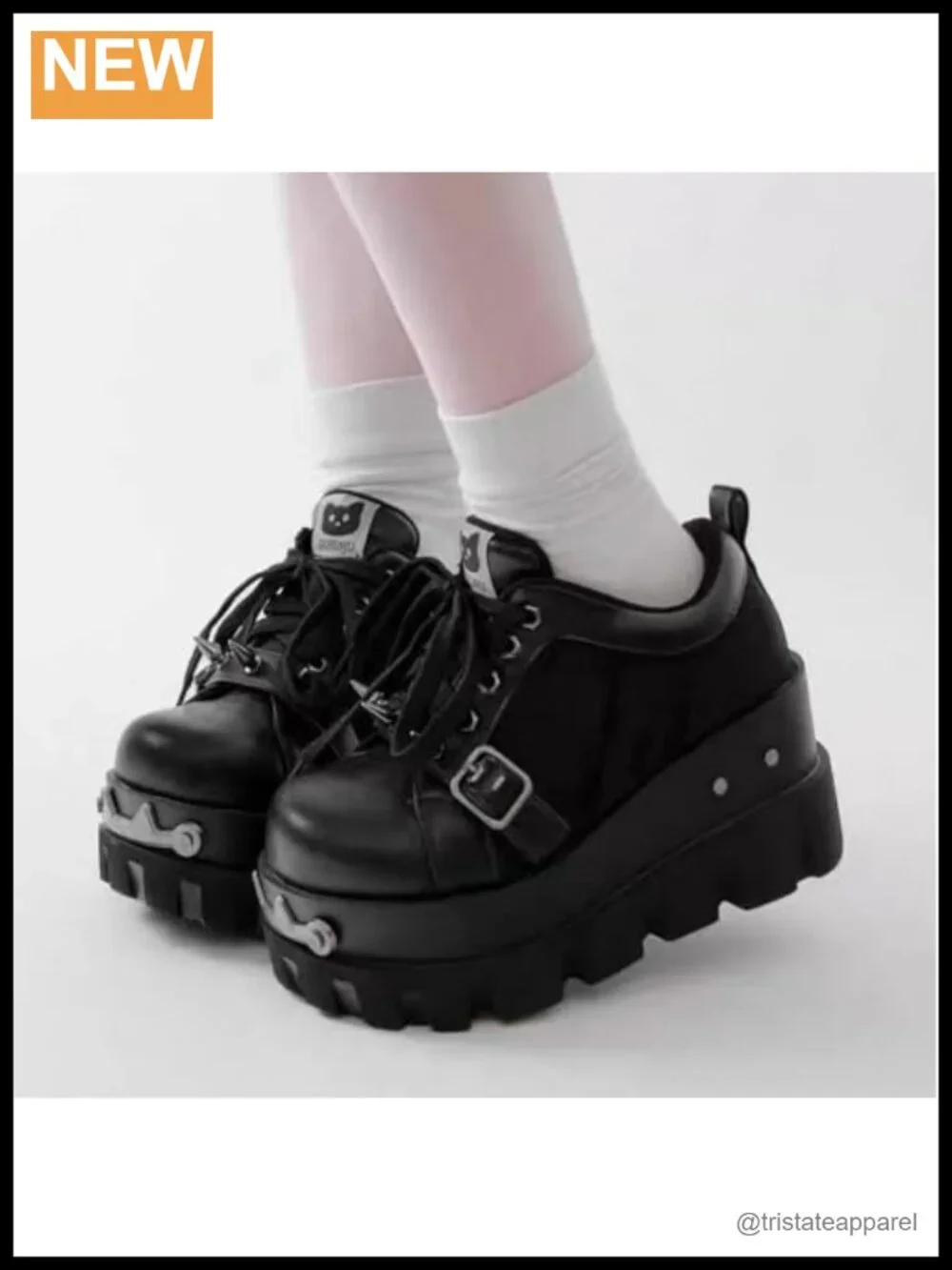 Goth Y2K Platform Combat Boots for Women with Cat Decor 7cm Chunky Sole Lace-Up
